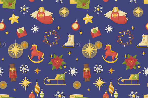 Christmas illustrations, patterns: sleighs, poinsettias, snowflakes and more.