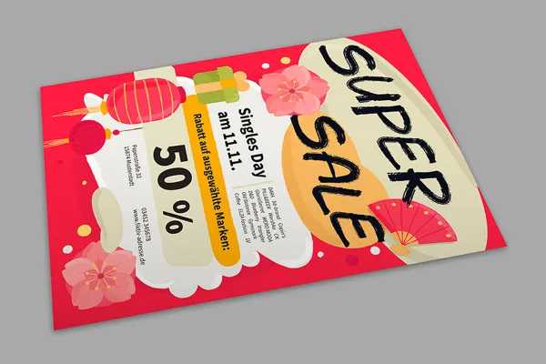 Advertising poster template: flowers, fan, gift against a red background