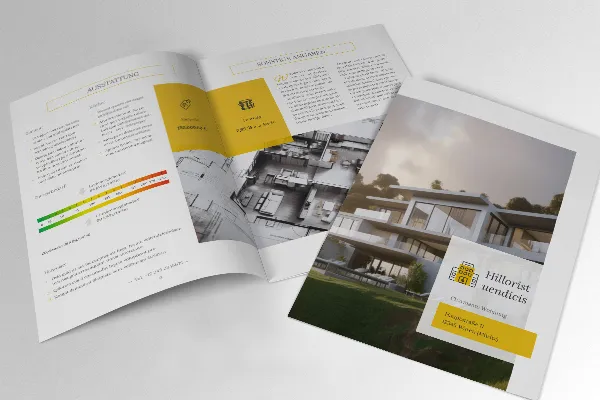 Aukštos kokybės dvylikos puslapių brošiūra nekilnojamojo turto įmonėms ir architektūros biurams.