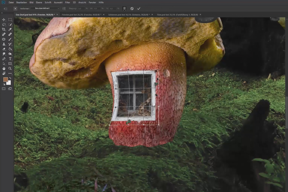 Composición en Photoshop: el pueblo - colocación de 4 elementos