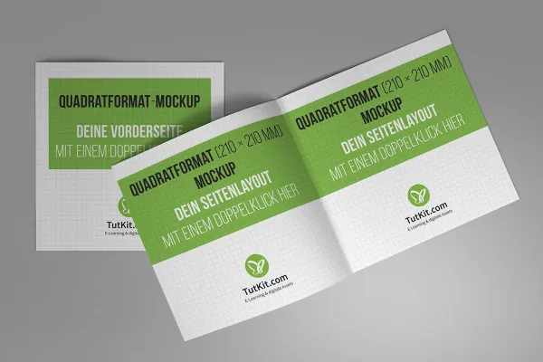 Mockup para folheto em formato quadrado: frente, duas páginas internas.