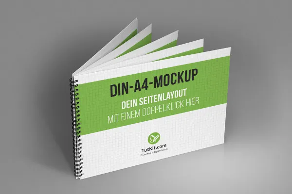 Mockup untuk brosur hardcover dalam format landscape dengan ikatan spiral: Berdiri, terbuka