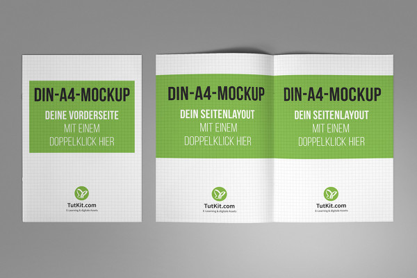 A4 yüksekformatlı broşürler için mockup: Ön taraf ve yan yana iki iç sayfa
