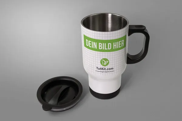 Mockup: Thermobecher mit Henkel, Deckel daneben