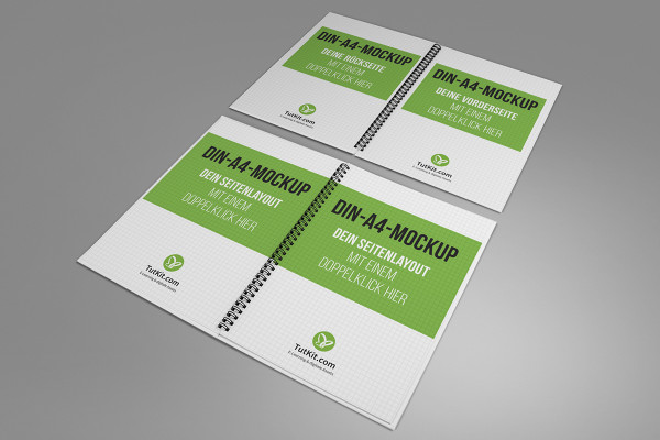 Mockup for hardcover brochure in portrait format with spiral binding: front, back, two inside pages, horizontal