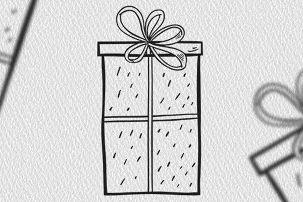 Weihnachtsmotiv in Schwarz-Weiß: Geschenkpaket hoch, von der Seite