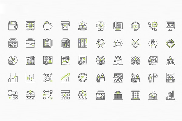 100 iconos empresariales con contornos negros y verdes