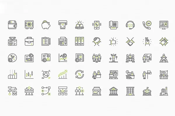 100 ícones de negócios com contornos pretos e verdes.
