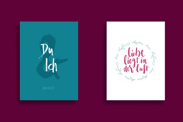 Handlettering Hochzeit: "Du & Ich Hochzeit", "Liebe liegt in der Luft"