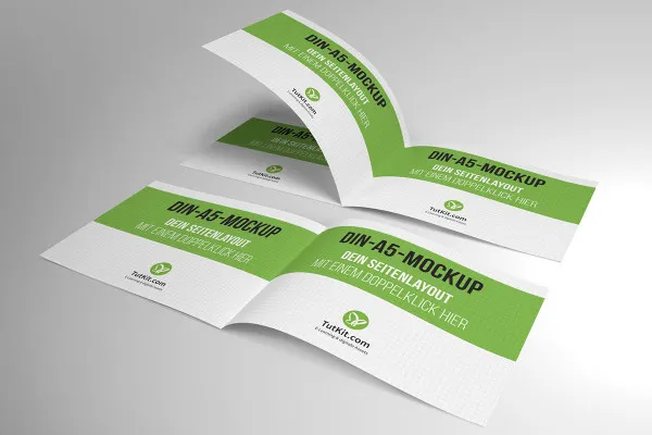Mockup per opuscoli in formato orizzontale A5: Diverse pagine interne con pagina da girare