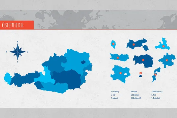 Mapy krajów oparte na wektorach: Austria, kraje związkowe