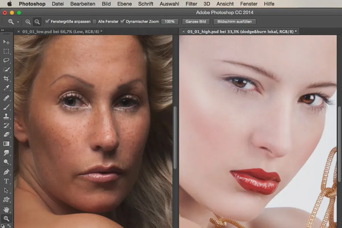 Pasižvalgokite ir stilius su „Photoshop“ - aukščiausio lygio palyginimas su žemiausio lygio lygiais.