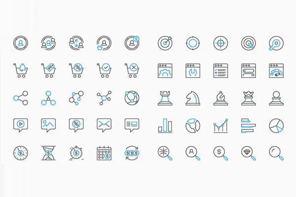 100 Web-Icons für Marketing & SEO in Schwarz-Blau