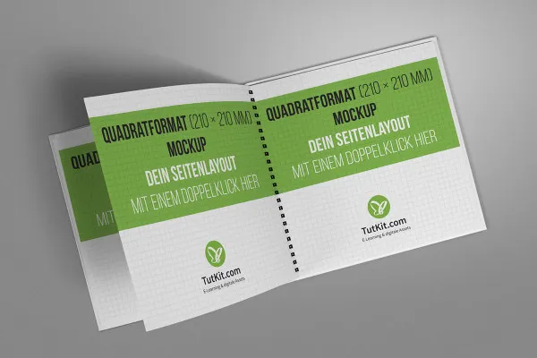 Mockup for kvadratisk brochure med spiralindbinding: liggende, åbne indersider