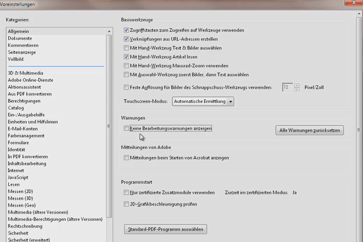 La configuración por defecto de Acrobat