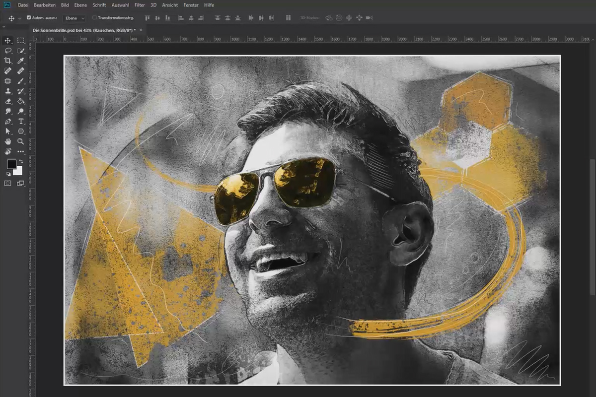 Elaborazione creativa dei ritratti in Photoshop: Composizione "Il paio di occhiali da sole" - 4 bozzetti e passaggi finali.