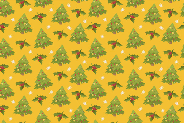 Christmas illustrations, patterns: Christmas trees, holly leaves, snowflakes