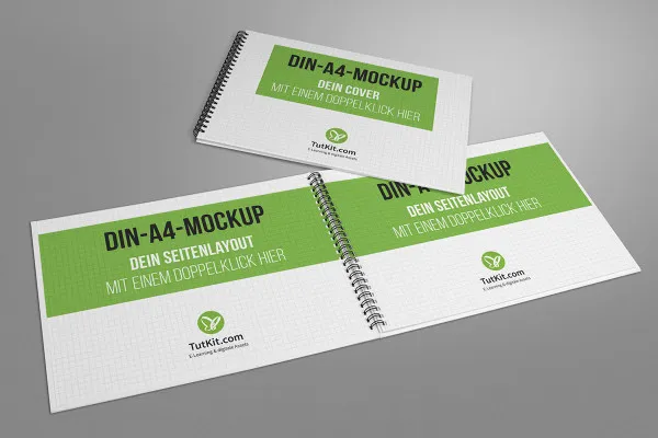 Mockup untuk brosur hardcover dalam format landscape dengan spiral: cover di bagian atas, 2 halaman dalamannya.