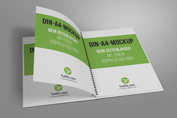 Mockup for hardcover brochure in portrait format with spiral binding: Inside pages, flipping page