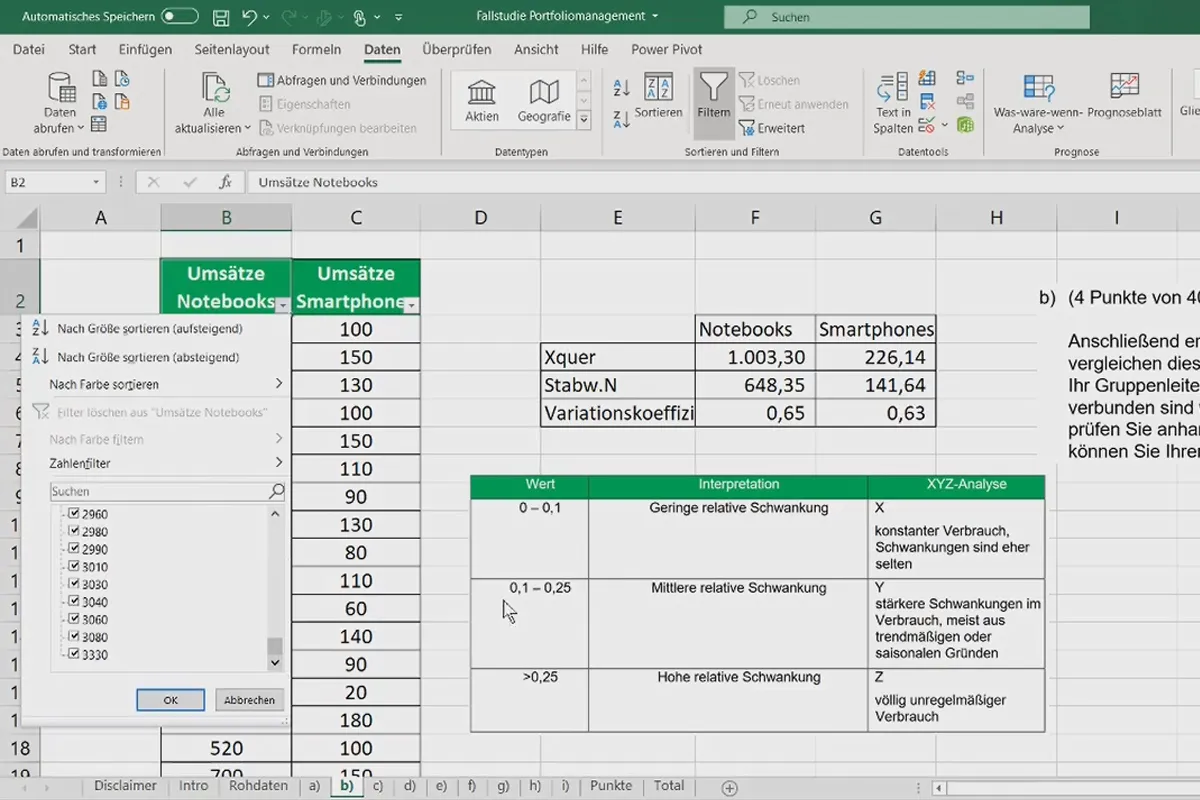 Statistik mit Excel: 2.3 Streuungsanalyse in Excel