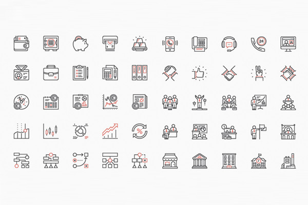 100 iconos empresariales con contornos negros y rojos