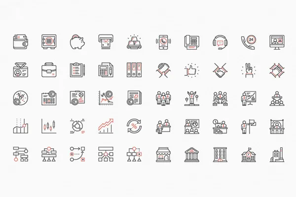 100 Business-Icons mit schwarzen und roten Konturen