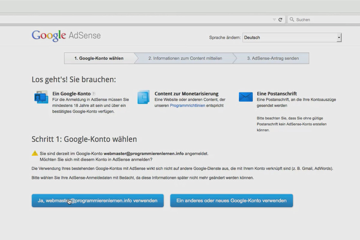 Gagner de l'argent avec la formule AdSense - 2.2 Demander le compte utilisateur.