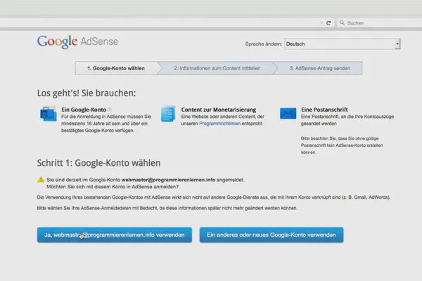 Tjen penge med AdSense-formlen - 2.2 Ansøg om brugerkontoen