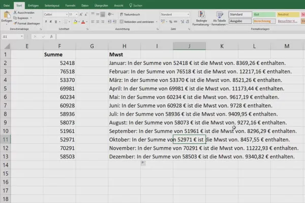 Tutorial Excel: Pivot, diagram, dan desain tabel untuk presentasi data yang jelas - Campur teks, data, dan formula dalam satu sel - 2.4