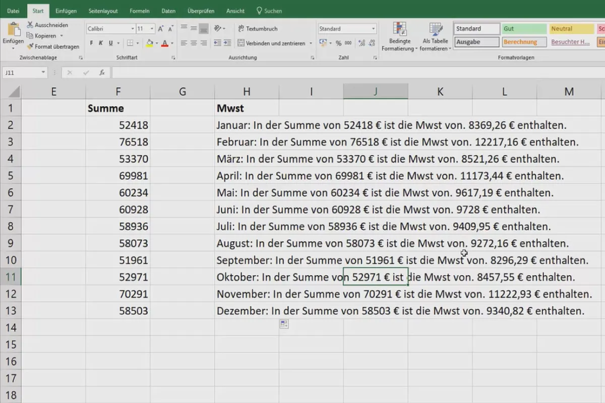 Excel-Tutorial: Pivot, Diagramme und Tabellen-Design zur anschaulichen Daten-Präsentation – 2.4 Texte, Daten und Formeln in einer Zelle mischen