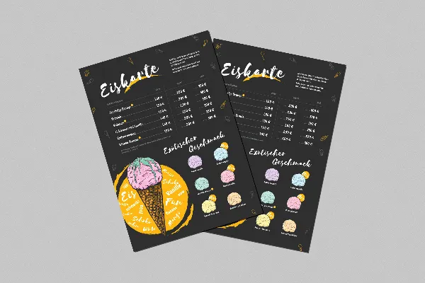 Modello illustrativo di menu dei gelati per InDesign, Photoshop, Affinity Publisher, Affinity Photo e Word.