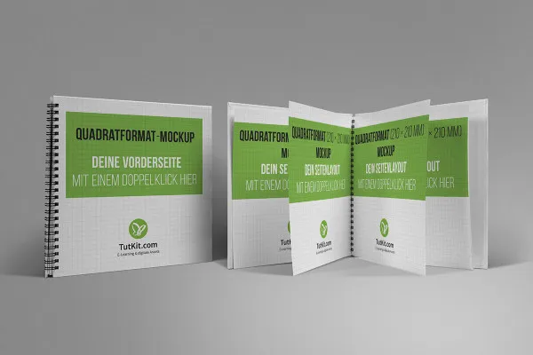 Mockup for firkantet brochurer med spiralbinding: stående, omslag, åbnede indersider