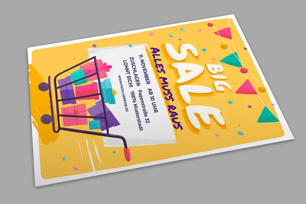 Advertising poster template: filled shopping cart in front of yellow background