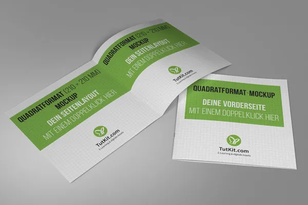 Mockup para folheto em formato quadrado: capa e duas páginas internas.