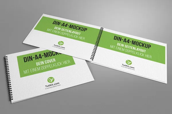 Mockup untuk brosur hardcover dalam format landscape dengan spiral binding: 2 halaman dalam, cover di bawahnya terletak.