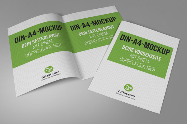 A4 dikey formatında broşür için mockup: ön taraf ve iki iç sayfa