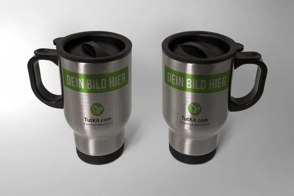 Mockup: Zwei Thermobecher Metall mit Henkel