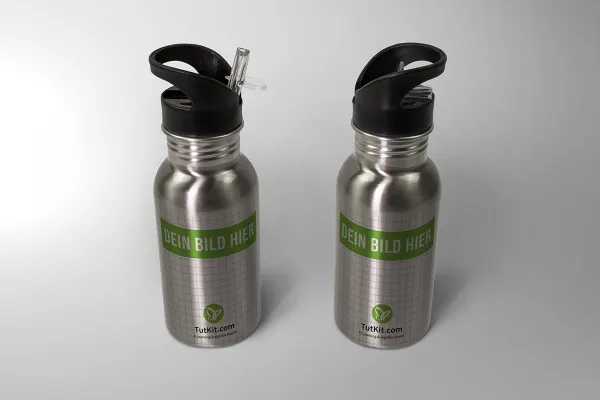 Mockup: zwei metallgraue Sport-Thermosflaschen