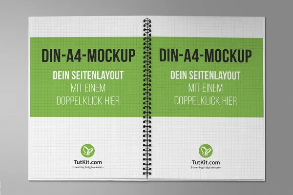 Mockup für Hardcover-Broschüre im Hochformat mit Spiralbindung: Vorder-, Rückseite, zwei Innenseiten