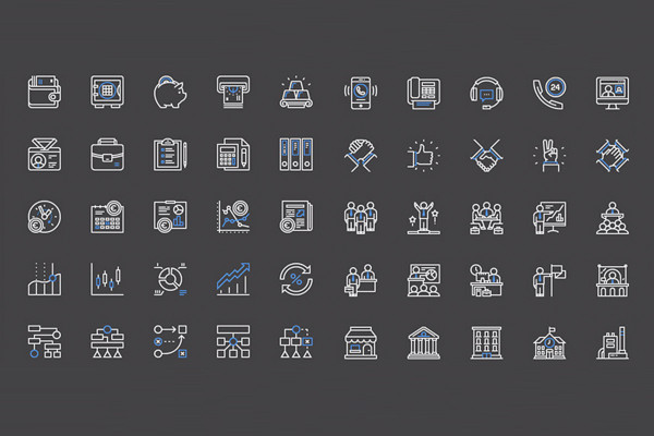 100 iconos empresariales con contornos blancos y azules