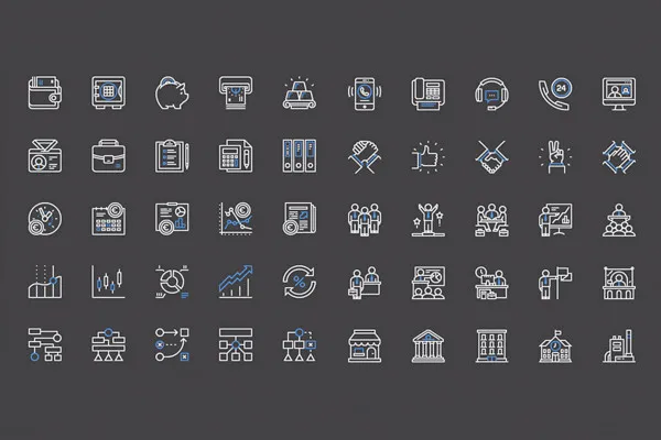 100 ícones de negócios com contornos brancos e azuis.