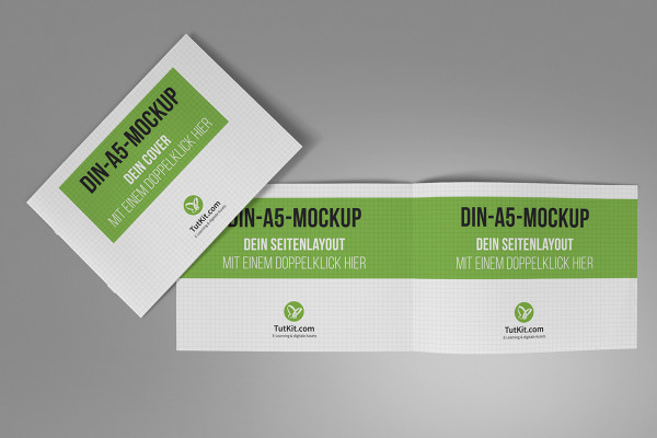 Mockup für Broschüren im A5-Querformat: Vorderseite und zwei Innenseiten