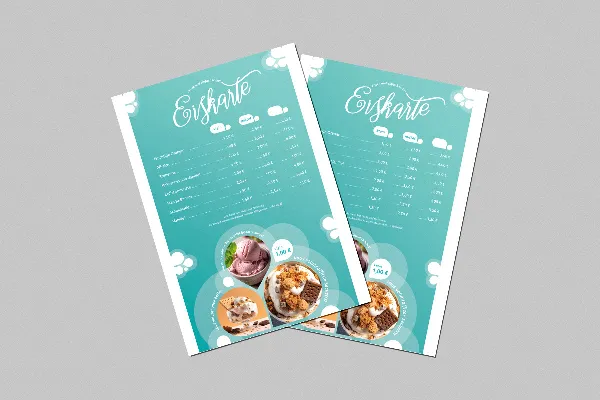 Modello di menu gelato celeste per InDesign, Photoshop, Affinity Publisher, Affinity Photo e Word