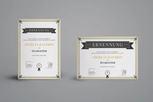 Kreatywny projekt certyfikatu (awans pracowniczy) w formacie pionowym i poziomym.
