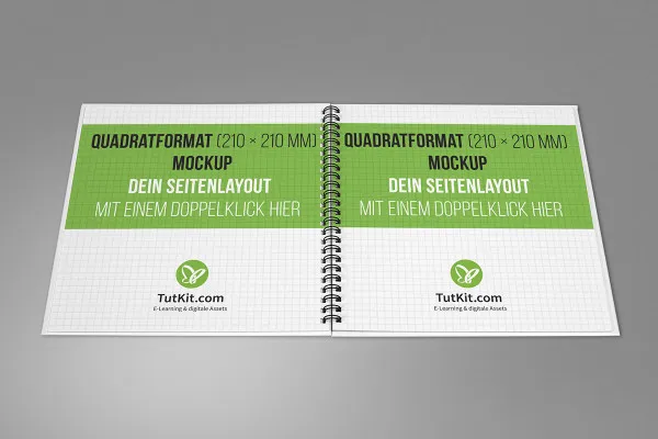 Mockup til firkantet brochure med spiralryg: liggende, to indersider.