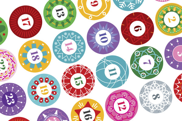 Zahlen für Adventskalender zum Ausdrucken in einem bunten Winterdesign