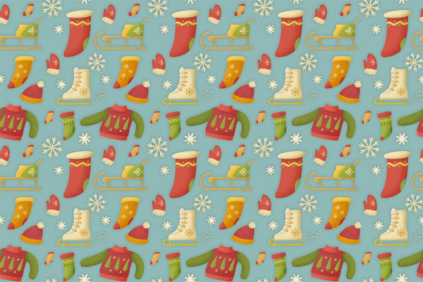 Christmas illustrations, patterns: ice skates, sweaters, hats and co.