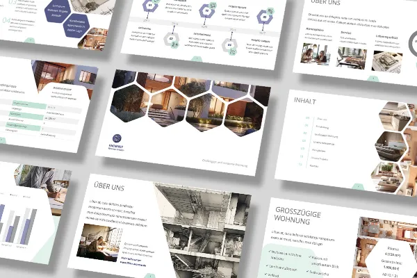 Șablon PowerPoint puternic pentru companii imobiliare și birouri de arhitectură.