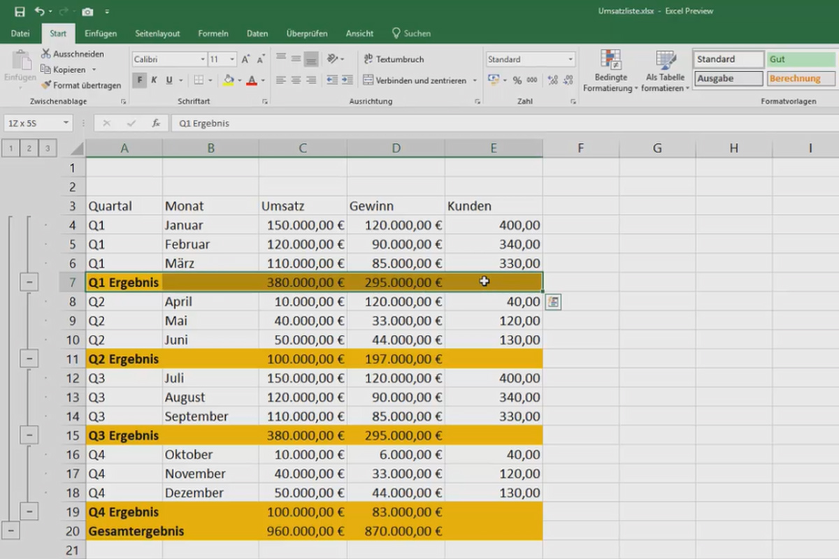 Excel-Kurs für Controlling und Vertrieb: Sortimentsliste, Einheiten, Währung & Co – 2.6 Automatische Zwischensummen