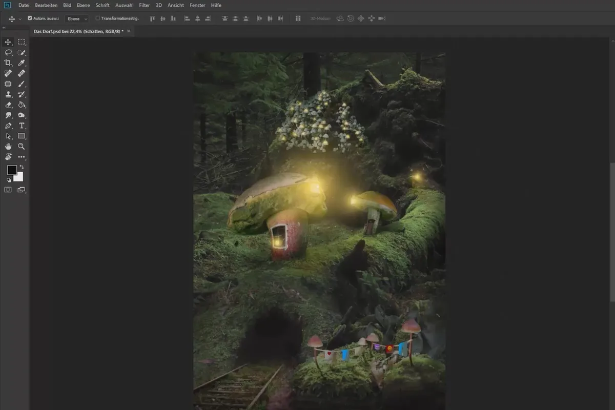 Compositing in Photoshop: das Dorf – 7 Mit Licht und Schatten malen